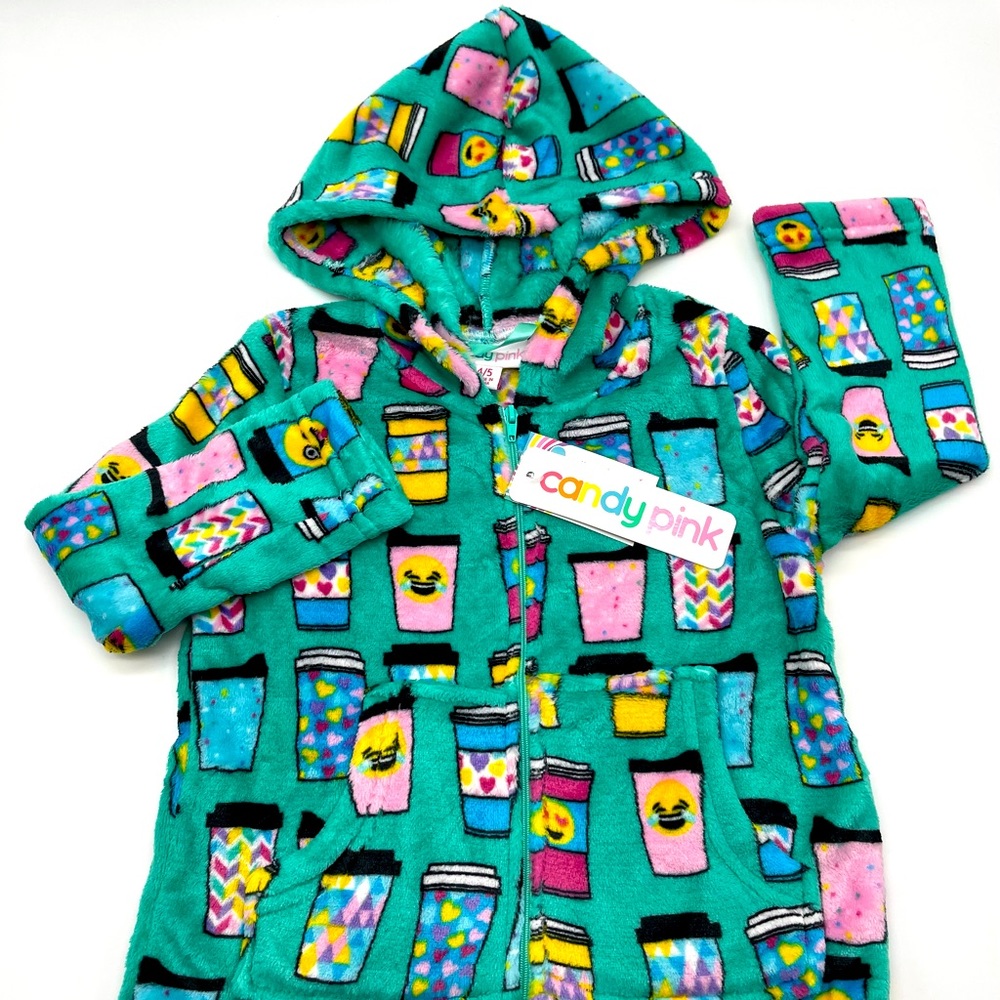 NWT Candy Pink Soft Fleece Zip Up Hoodie Green Emoji
